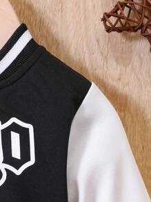 SHEIN Baby Boy Letter Graphic Striped Trim Varsity Jacket Without Tee - Black and White - View 5