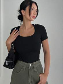 DAZY Solid Ribbed Knit Tee - Black - View 1