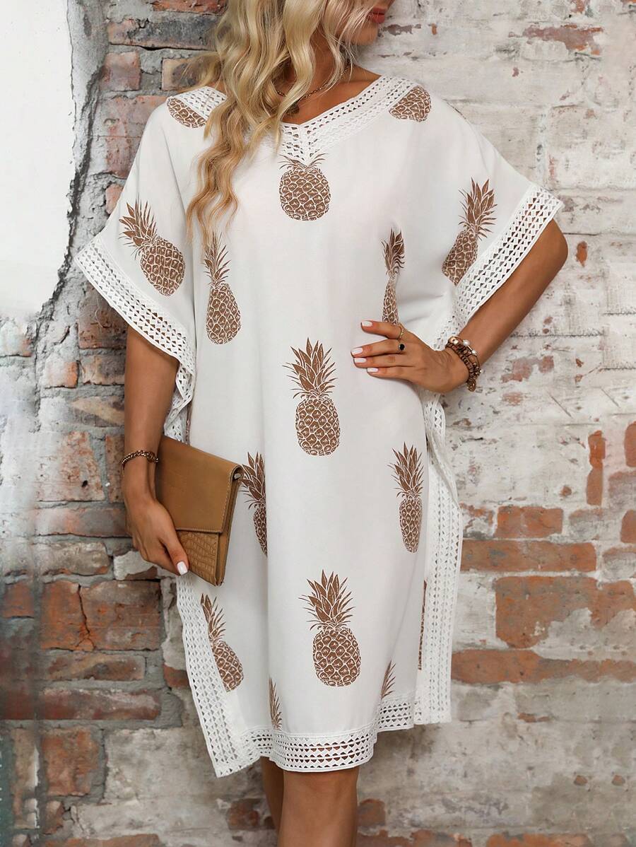 SHEIN LUNE Pineapple Print Contrast Lace Batwing Sleeve Dress - White - View 1