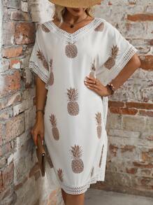 SHEIN LUNE Pineapple Print Contrast Lace Batwing Sleeve Dress - White - View 3