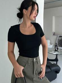 DAZY Solid Ribbed Knit Tee - Black - View 3