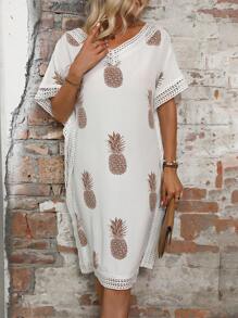 SHEIN LUNE Pineapple Print Contrast Lace Batwing Sleeve Dress - White - View 4