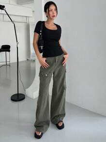 DAZY Solid Ribbed Knit Tee - Black - View 4