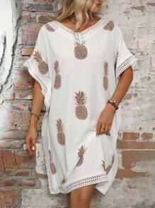SHEIN LUNE Pineapple Print Contrast Lace Batwing Sleeve Dress - White - View 5