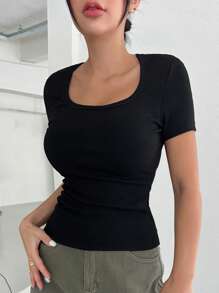 DAZY Solid Ribbed Knit Tee - Black - View 5