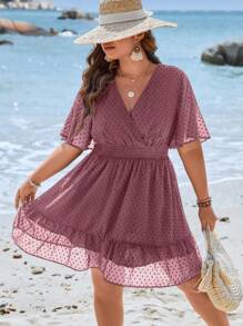 SHEIN Clasi Plus Swiss Dot Flounce Sleeve Ruffle Hem Dress - Mauve Purple - View 3