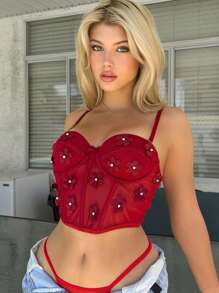 Floral Appliques Mesh Underwire Bra Lingerie UnderwearOuter