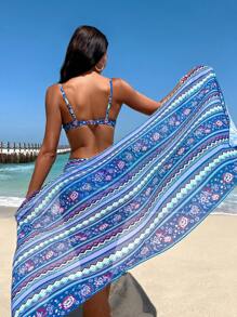 印花聚攏比基尼泳裝附沙灘裙