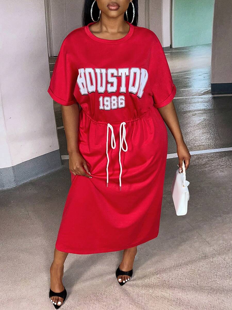 Slaydiva Đầm Plus Size Dây kéo Lá thư Giải trí - Đỏ - Xem 1