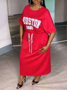 Slaydiva Đầm Plus Size Dây kéo Lá thư Giải trí - Đỏ - Xem 3