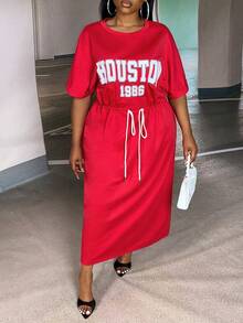 Slaydiva Đầm Plus Size Dây kéo Lá thư Giải trí - Đỏ - Xem 4