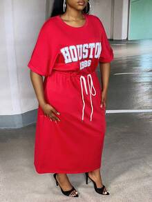 Slaydiva Đầm Plus Size Dây kéo Lá thư Giải trí - Đỏ - Xem 5