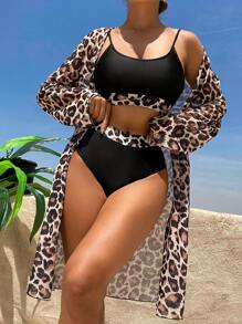 Swim Vcay Set de 2 piezas Bikini de estampado de leopardo con top y shorts, estilo separado para verano 2025