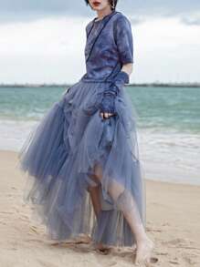 Solid Ruffle Hem Mesh Overlay Skirt - Dusty Blue - View 3