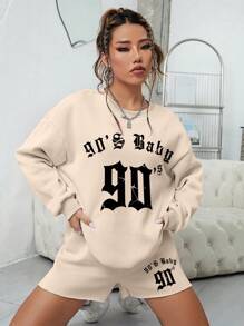 INAWLY 字母圖案落肩袖運動衫和短褲 - 卡其色 - 查看 4