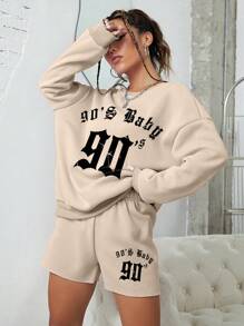 INAWLY 字母圖案落肩袖運動衫和短褲 - 卡其色 - 查看 5