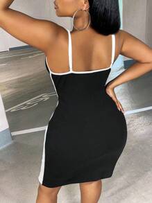 Slaydiva 大碼撞色滾邊吊帶緊身洋裝 - 黑色 - 查看 2