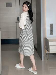 DAZY Vestido homewear de rayas de manga raglán - Blanco y Negro - Ver 2