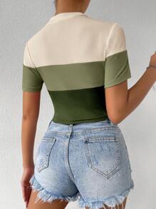 SHEIN EZwear Bloco De Cores Malha Com Nervuras Camiseta - Multicolorido - Visão 2