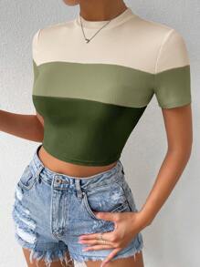 SHEIN EZwear Bloco De Cores Malha Com Nervuras Camiseta - Multicolorido - Visão 3