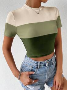 SHEIN EZwear Bloco De Cores Malha Com Nervuras Camiseta - Multicolorido - Visão 4