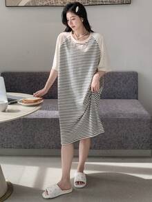 DAZY Vestido homewear de rayas de manga raglán - Blanco y Negro - Ver 6