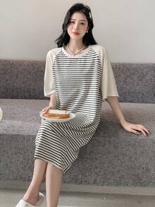 DAZY Vestido homewear de rayas de manga raglán - Blanco y Negro - Ver 3