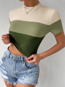 SHEIN EZwear Bloco De Cores Malha Com Nervuras Camiseta - Multicolorido - Visão 6