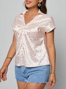 SHEIN Clasi 豹紋提花前收褶蝙蝠袖緞面襯衫 - 淺粉色 - 查看 4