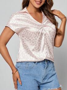 SHEIN Clasi 豹紋提花前收褶蝙蝠袖緞面襯衫 - 淺粉色 - 查看 3
