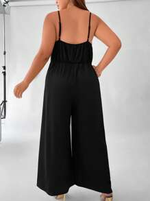 Celure 大碼素色闊腿吊帶連體褲 - 黑色 - 查看 2