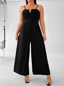 Celure 大碼素色闊腿吊帶連體褲 - 黑色 - 查看 3