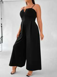 Celure 大碼素色闊腿吊帶連體褲 - 黑色 - 查看 4