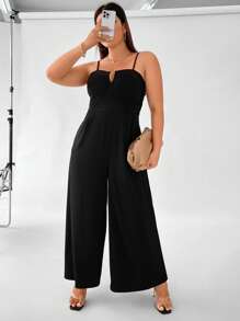 Celure 大碼素色闊腿吊帶連體褲 - 黑色 - 查看 6