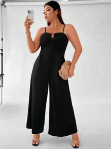 Celure 大碼素色闊腿吊帶連體褲 - 黑色 - 查看 7