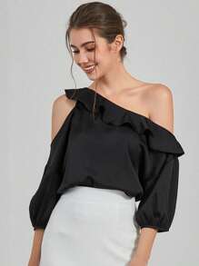 Asymmetrical Neck Ruffle Trim Blouse Without Necklace - Black - View 11