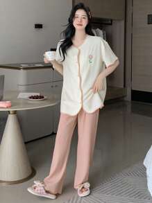 DAZY Bộ đồ ngủ Nữ Thêu Tương phản ràng buộc Hoa Đáng yêu - Hồng - Xem 3