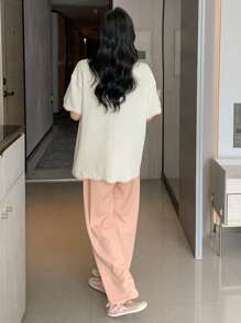 DAZY Bộ đồ ngủ Nữ Thêu Tương phản ràng buộc Hoa Đáng yêu - Hồng - Xem 2