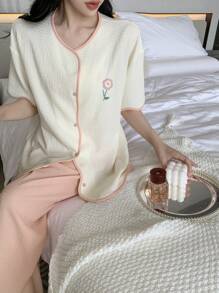 DAZY Bộ đồ ngủ Nữ Thêu Tương phản ràng buộc Hoa Đáng yêu - Hồng - Xem 5