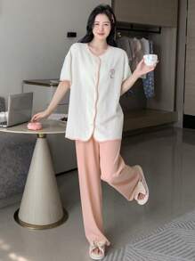 DAZY Bộ đồ ngủ Nữ Thêu Tương phản ràng buộc Hoa Đáng yêu - Hồng - Xem 9