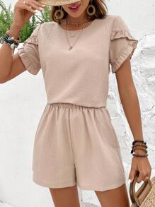 SHEIN LUNE Bộ đồ hai mảnh nữ Nút Xù màu trơn Giải trí - Màu Khaki - Xem 3
