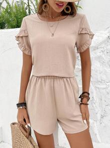 SHEIN LUNE Bộ đồ hai mảnh nữ Nút Xù màu trơn Giải trí - Màu Khaki - Xem 4