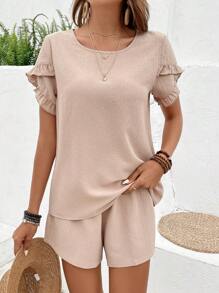 SHEIN LUNE Bộ đồ hai mảnh nữ Nút Xù màu trơn Giải trí - Màu Khaki - Xem 5