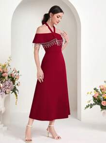 SHEIN X Noha Modelyn 吊脖一字肩流蘇邊洋裝 - 紅色 - 查看 5