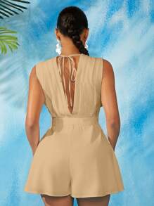 SHEIN SXY 素色V領後綁帶連身短褲 - 卡其色 - 查看 2