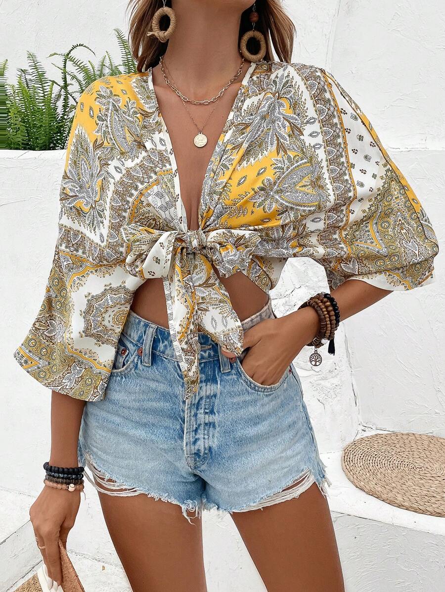 Breezaya Allover Print Batwing Sleeve Knot Front Crop Blouse - Yellow - View 1