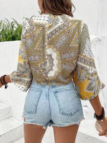 Breezaya Allover Print Batwing Sleeve Knot Front Crop Blouse - Yellow - View 2