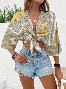 Breezaya Allover Print Batwing Sleeve Knot Front Crop Blouse - Yellow - View 4