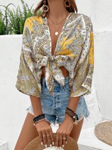 Breezaya Allover Print Batwing Sleeve Knot Front Crop Blouse - Yellow - View 5