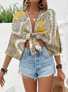 Breezaya Allover Print Batwing Sleeve Knot Front Crop Blouse - Yellow - View 6